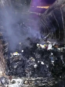Burnt commercial bus after accident on Oko-Olowo Expressway in Ilorin, Kwara State